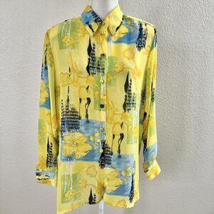 Beverly Rose Miami Women's XL Yellow Green Vintage Blouse Top Shoulder Pads